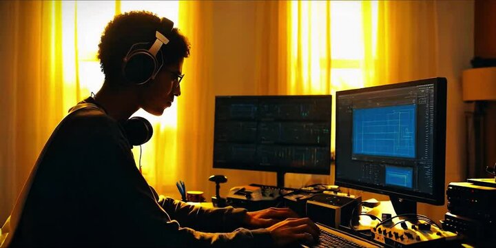 Young graphic frontend designer developer working on computer desktop in cozy room interior setup, boy, man or male wearing headsets working on project in laptop, silhouette of a person curtains light