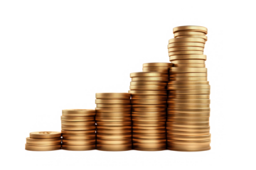 Rows of coins forming a progressive height pattern highlighting savings, investment, or fiscal improvement on a transparent background