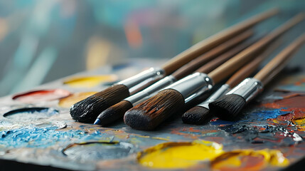 Fototapeta premium Close Up View Of Used Paintbrushes On A Colorful Palette With Various Paint Colors Blurred Background Art Studio Setting