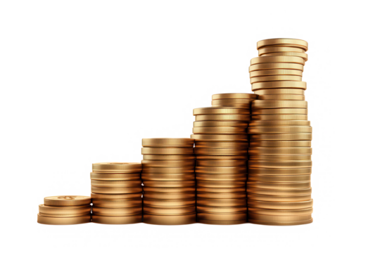 Rows of coins forming a progressive height pattern highlighting savings, investment, or fiscal improvement on a transparent background