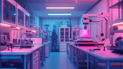 Advanced 3D Printing Technology in Modern Laboratory Setting with Pink and Blue Lighting