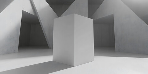 Obraz premium Geometric shapes and stark shadows define an abstract minimalist interior with a central cube bathed in light.