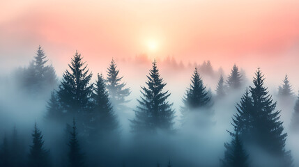 Sunrise illuminates a misty forest silhouetting evergreens against a pastel pink and blue sky.