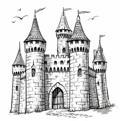 Obraz premium Drawing of Medieval Castle with Towers and Flags in Black and White