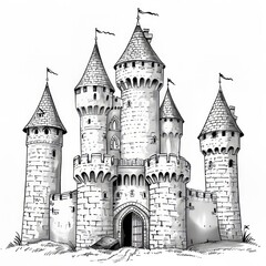 Obraz premium Majestic Castle Sketch with Towers and Flags Illustration Art
