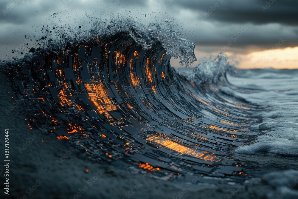 Poster a digital wave crashes, symbolizing the relentless flow of data and information in the digital age.
