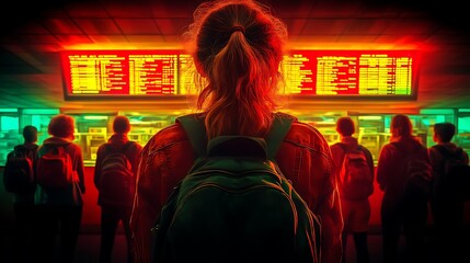 Fototapeta premium A group of people with backpacks standing in front of a digital display at a station