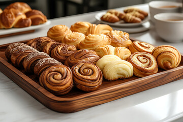 An assortment of freshly baked pastries including cinnamon rolls and croissants displayed on a wooden tray with coffee cups in the background.