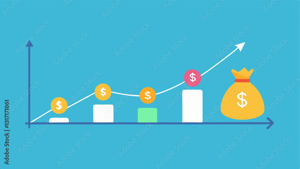 Aufkleber graph with cash flow a simple upward trend line graph with symbols of cash bags at various points on