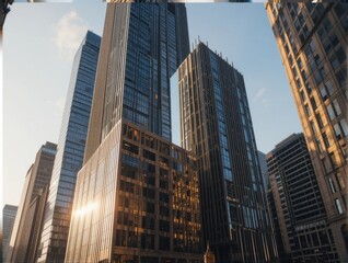 Fototapeta premium Stunning Modern Skyscrapers with Reflective Glass Facades Bathed in Sunset Light in Urban Landscape