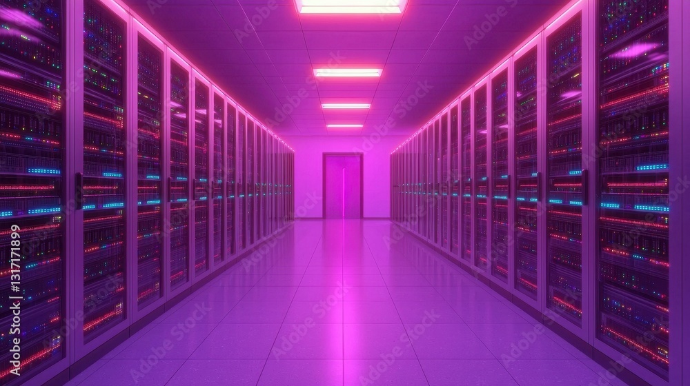 Poster neon-lit data center with rows of server racks and pink lighting
