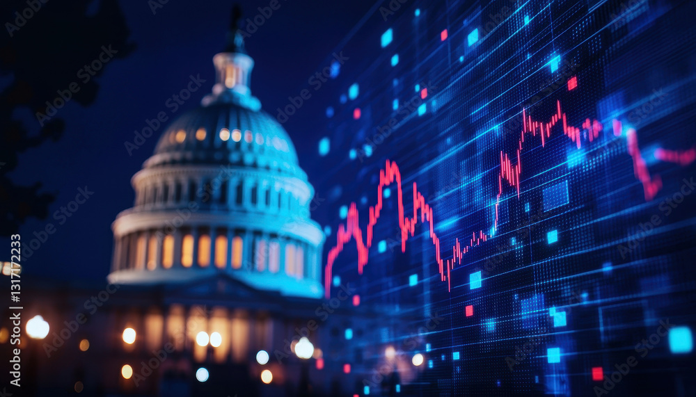 Poster night view of capitol with digital data visualization and graphs