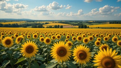 Obraz premium Vibrant Sunflower Field Under Blue Sky and White Clouds in Rural Landscape During Summer