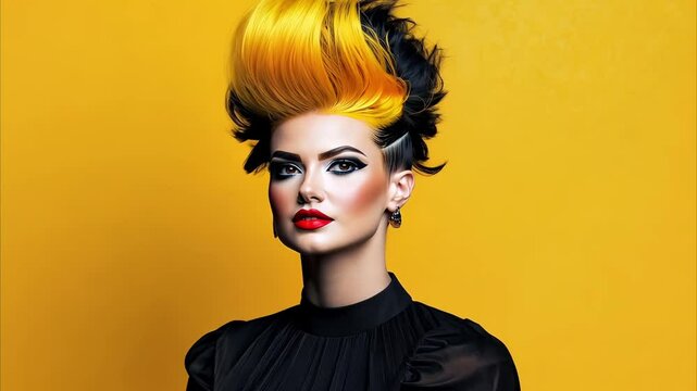 Striking model portrait with bold yellow hair and dramatic makeup, showcasing vibrant style and unique hairstyle against bright yellow background.