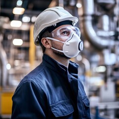 Factory worker in protective gear.