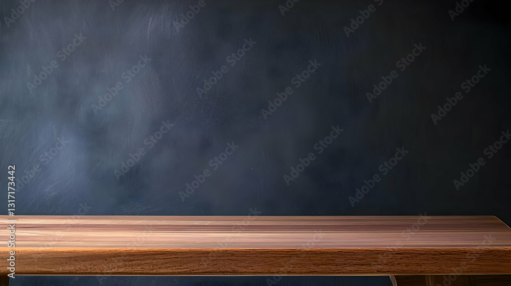Poster empty rustic wooden table against dark textured wall backdrop for product display in a moody interio