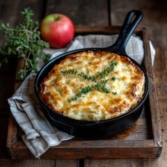Shepherd's Pie in skillet, on wood tray with fruit and napkins