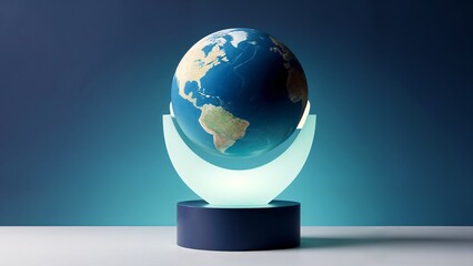 A blue and white globe sitting on top of a black base.
