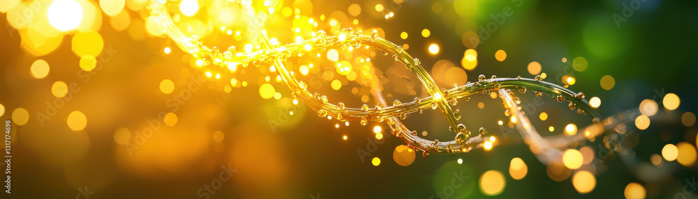 Poster digital representation of dna strands with glowing particles and bokeh effect