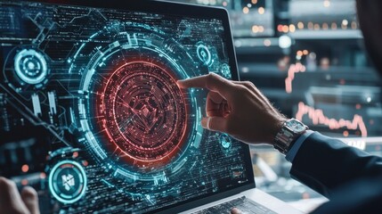 Fototapeta premium Businessman interacting with futuristic graphic interface on laptop screen.