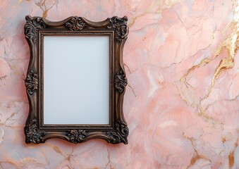 minimal modern mockup frame mounted on soft pink marble wall texture with clean empty space for branding presentation