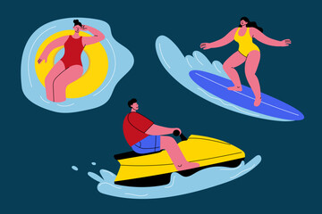 People enjoying summer activities: surfing, riding a jet ski, and floating on an inflatable ring. Perfect for beach, vacation, travel, adventure, leisure, and outdoor recreation designs.