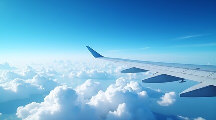 Obraz premium A Breathtaking View From An Airplane Window Soaring Above A Boundless Sea Of Fluffy White Clouds Under A Vibrant Blue Sky