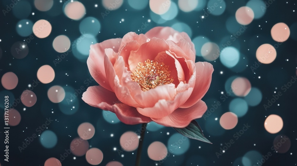 Poster soft pink flower with bokeh background and sparkling effect