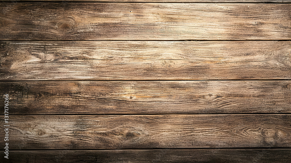 Poster rustic brown weathered wooden plank texture background with detailed grain and dark scratches in hor
