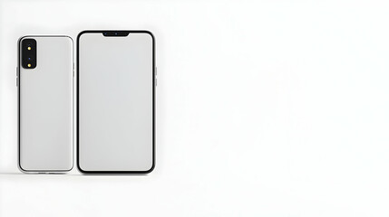 Two Smartphones One With Blank White Screen And One With Backside Shown On Plain White Background In Minimalist Style With Bright Studio Lighting