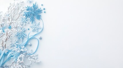 Elegant Winter Holiday Background with Blue and White Snowflakes and Ribbons