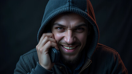 male scammer in hoodie talking on phone on dark background, man, criminal, thief, bandit, killer, fraud, deception, scam, eyes, face, angry, cunning, evil, smirk, portrait, emotion, person, people