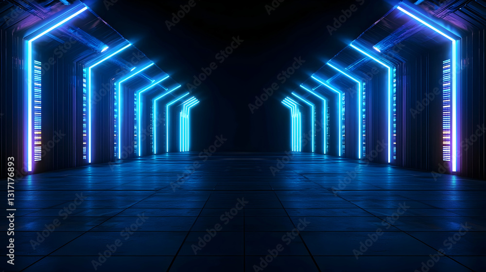 Poster futuristic neon illuminated corridor with glowing blue lights and dark background in a cyberpunk sty