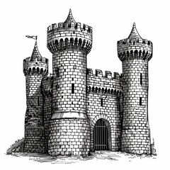 Obraz premium Detailed Castle Drawing with Towers, Stone Walls, and Gated Entrance