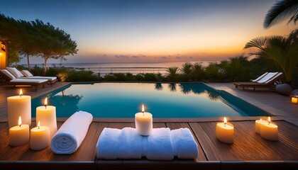 relaxing evening at a tranquil poolside oasis with candles and towels arranged for a soothing experience