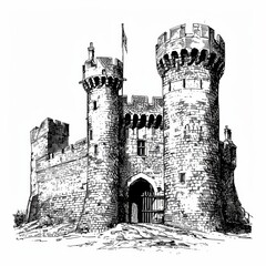 Detailed Castle Illustration with Towers and Gatehouse in Black and White