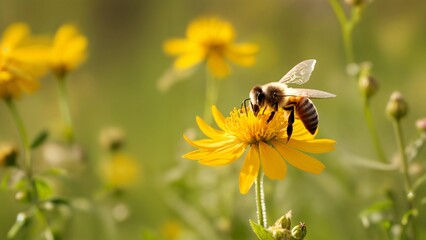 A bee is sitting on a yellow flower in a field.