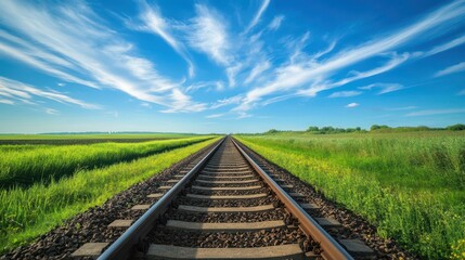 Single Railway Track Stretching Into the Horizon with Lush Greenery and Blue Skies