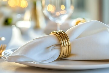 Gold Napkin Ring on Elegant White Table Setting
