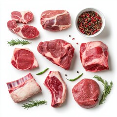 Diverse selection of raw meat products beautifully arranged on a white background showcasing quality and freshness. Generative AI