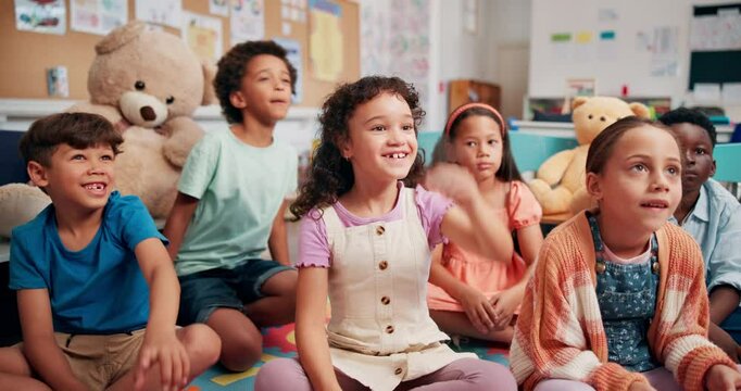Education, answer and group of children, classroom and teacher with questions in school and lesson. Elementary, students and teaching kids for knowledge, growth and development with quiz or learning