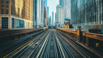 Naklejka premium Urban railway tracks passing through a bustling cityscape with towering buildings and vibrant city life