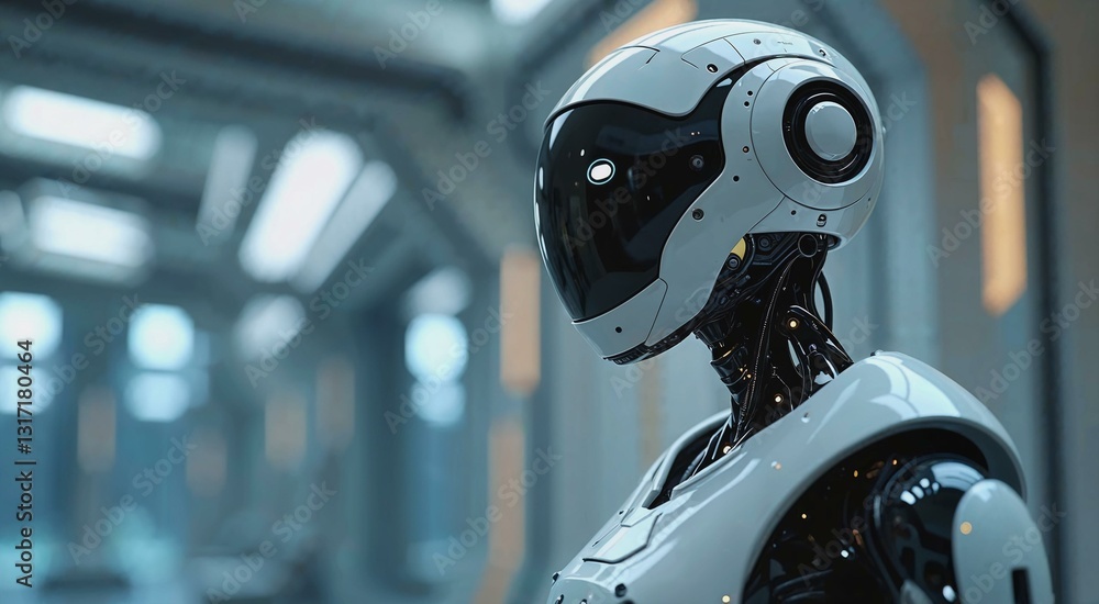 Poster advanced robot in a futuristic environment showcasing intricate details