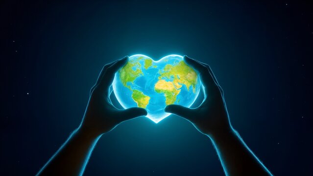 A pair of hands holding a heart shaped globe in the middle of a dark blue background. - Powered by Adobe