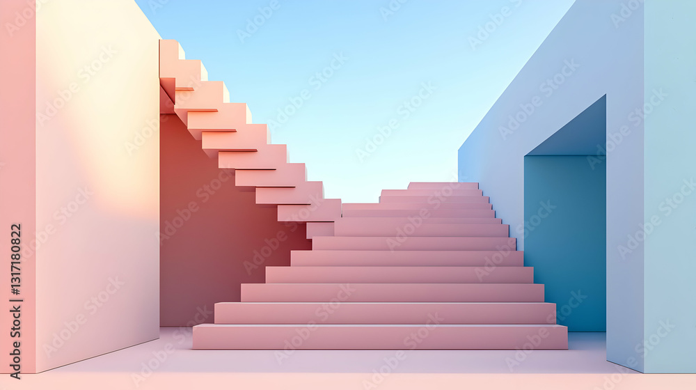 Poster abstract 3d render pink and blue stairway geometric minimalist pastel color architecture modern desi