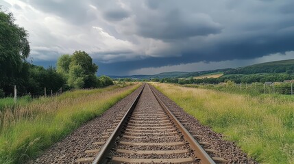 Fototapeta premium Dramatic Landscape of Railway Tracks Under a Stormy Sky Surrounded by Lush Greenery and Rolling Hills