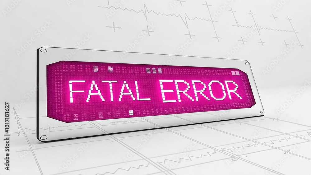 Poster technical difficulties concept, fatal error displayed on glitchy neon pink ui panel with digital ele