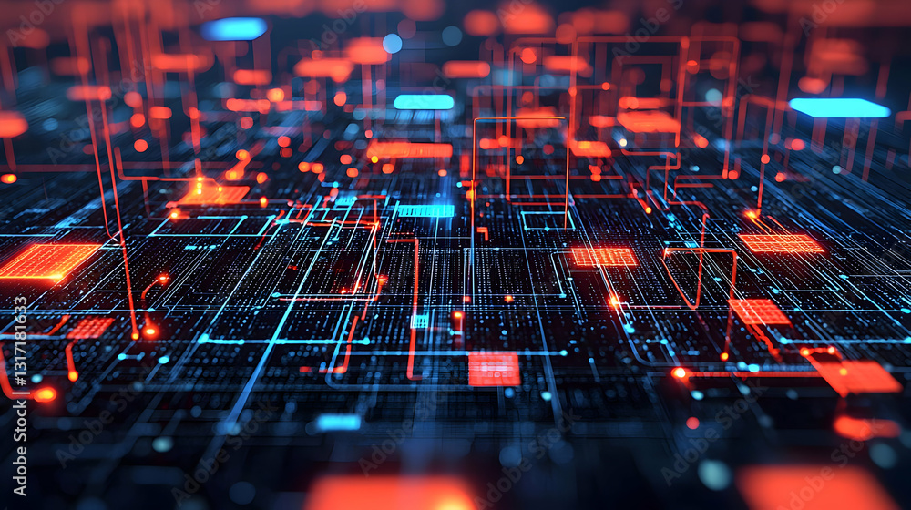 Poster abstract digital network with glowing red and blue light visualization of high tech futuristic data 