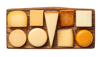 Assorted cheeses arranged on wooden cutting board, showcasing various shapes and textures