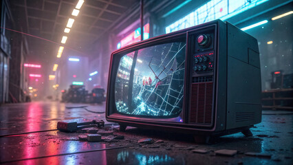 Obraz premium technical difficulties concept, Futuristic cyberpunk TV with broken transmission in neon lit setting